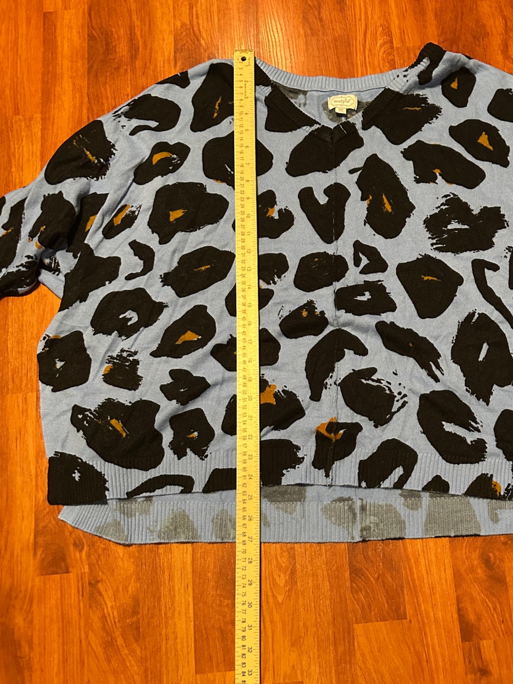 Mud Pie Blue Animal Print V-Neck Sweater with Black and Mustard Spots - Picture 6 of 6